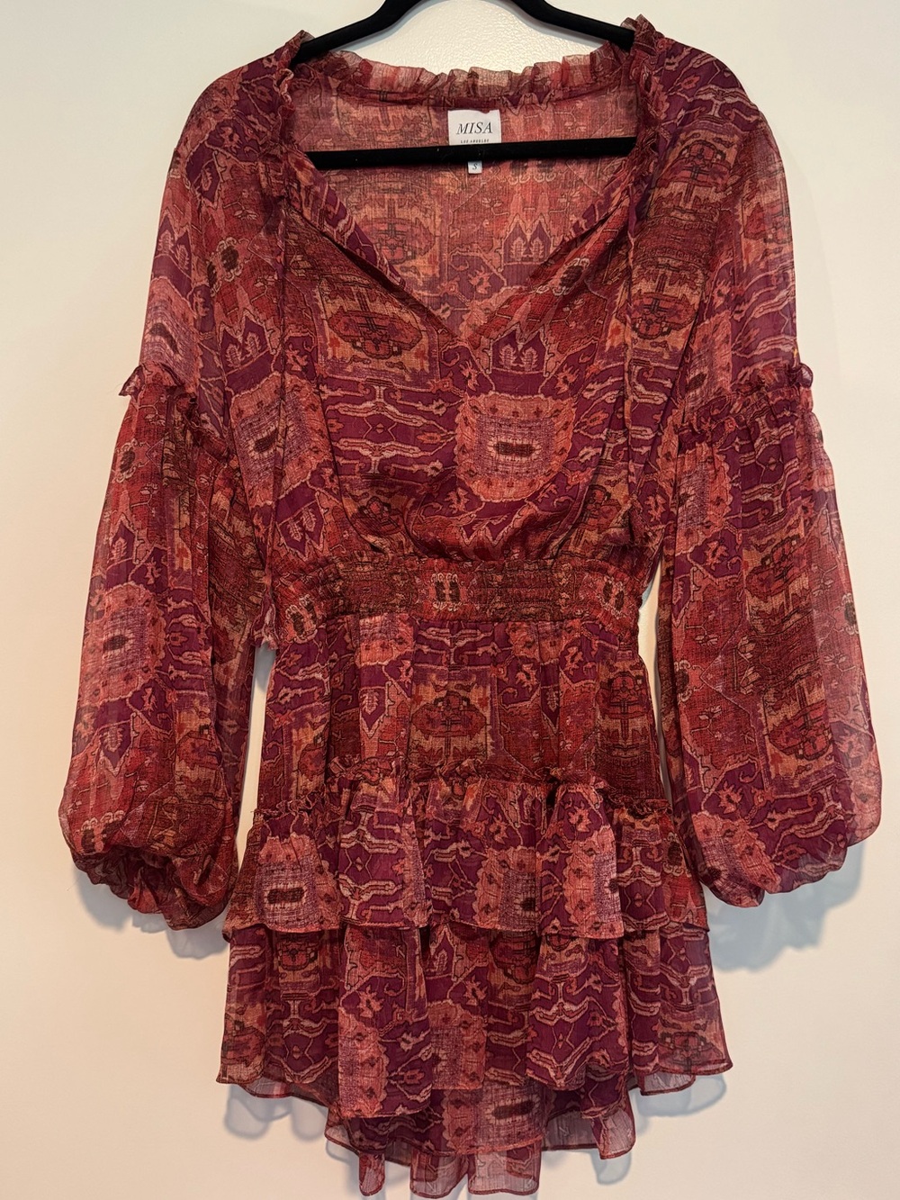 MISA Los Angeles Teya Smocked Tiered Mini Dress Septima Tapestry S